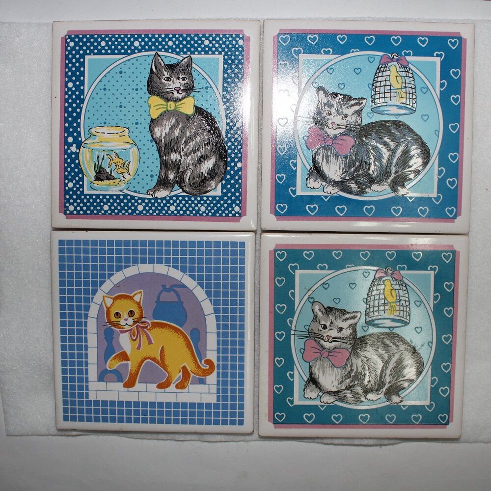 Four (4) Ceramic Cat Tiles - See Description